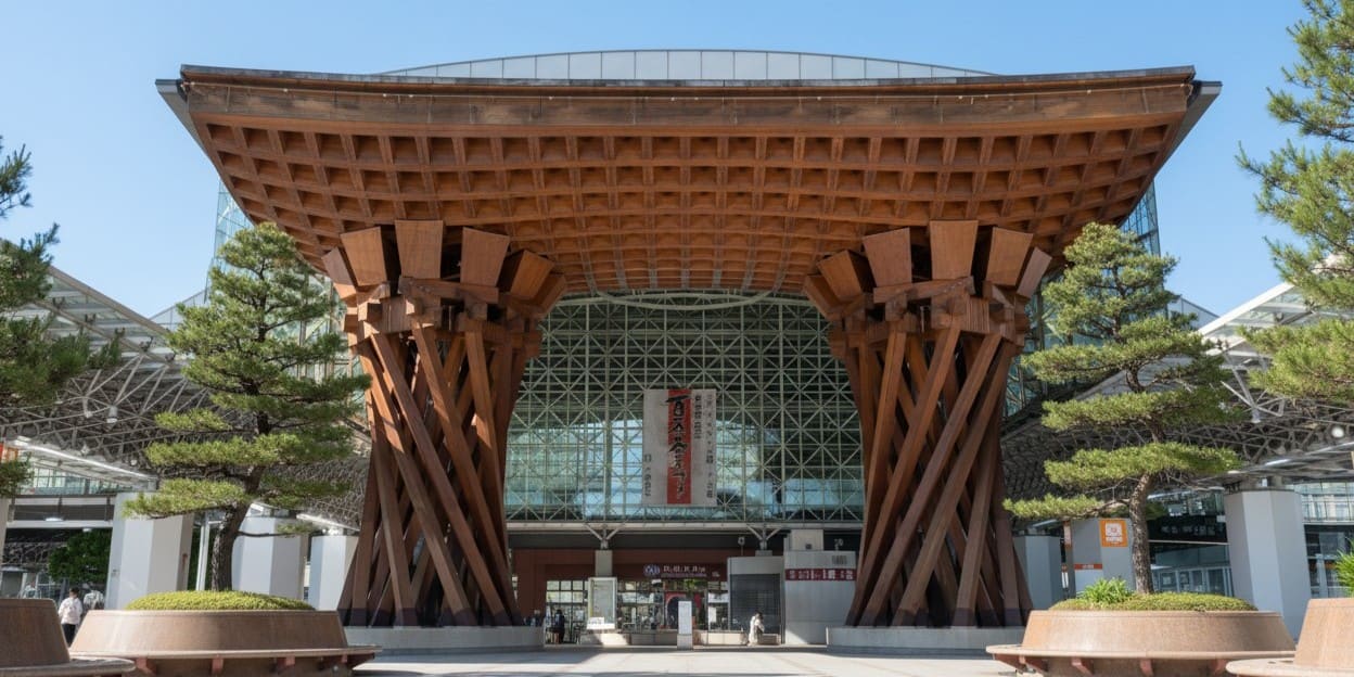 The wooden Tsuzumi-mon Gate and glass Motenashi Dome at Kanazawa Station