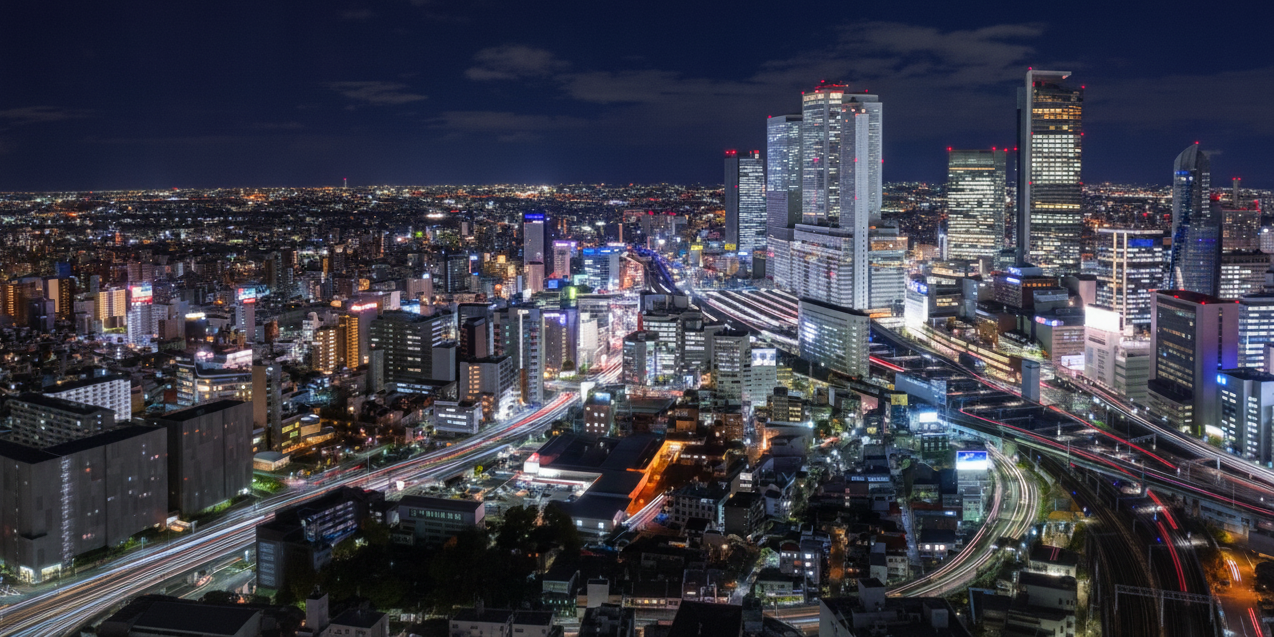 Nagoya Castle stone walls and gilded roof ornaments against the city skyline