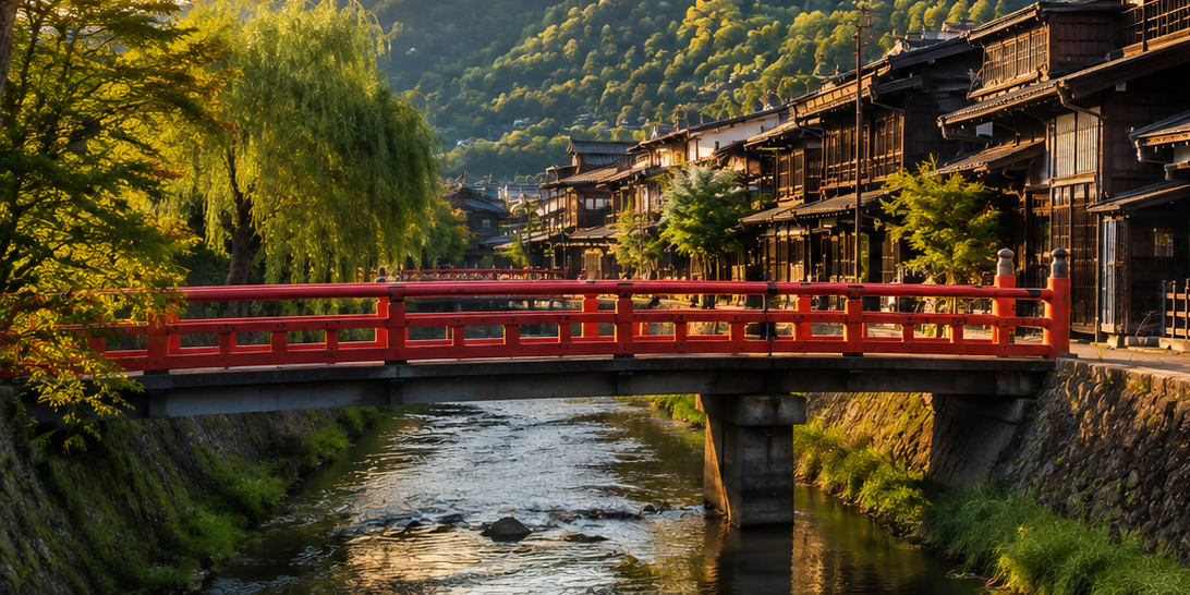 Traditional wooden merchant buildings along a Sanmachi Suji street in Takayama's preserved old town