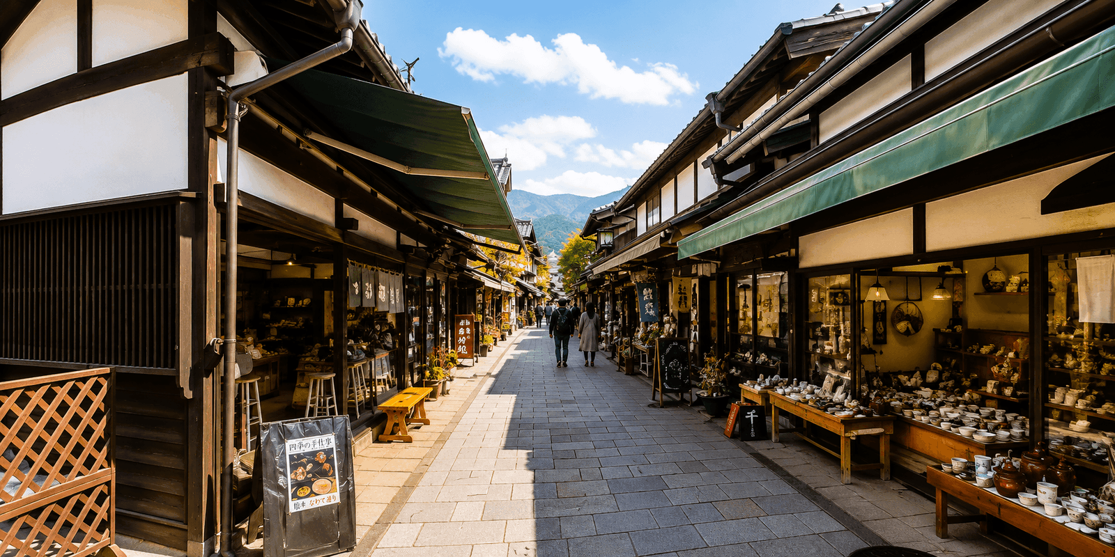 Frog statues and traditional shopfronts along Nawate Street beside the Metoba River in Matsumoto