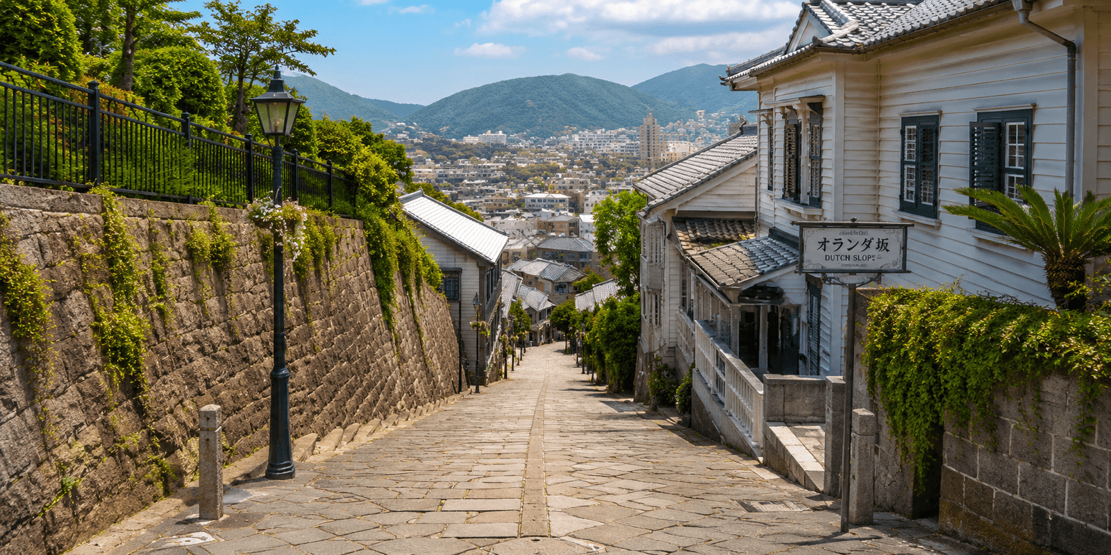 Stone-paved Dutch Slope climbing past Western-style wooden houses in Higashiyamate, Nagasaki