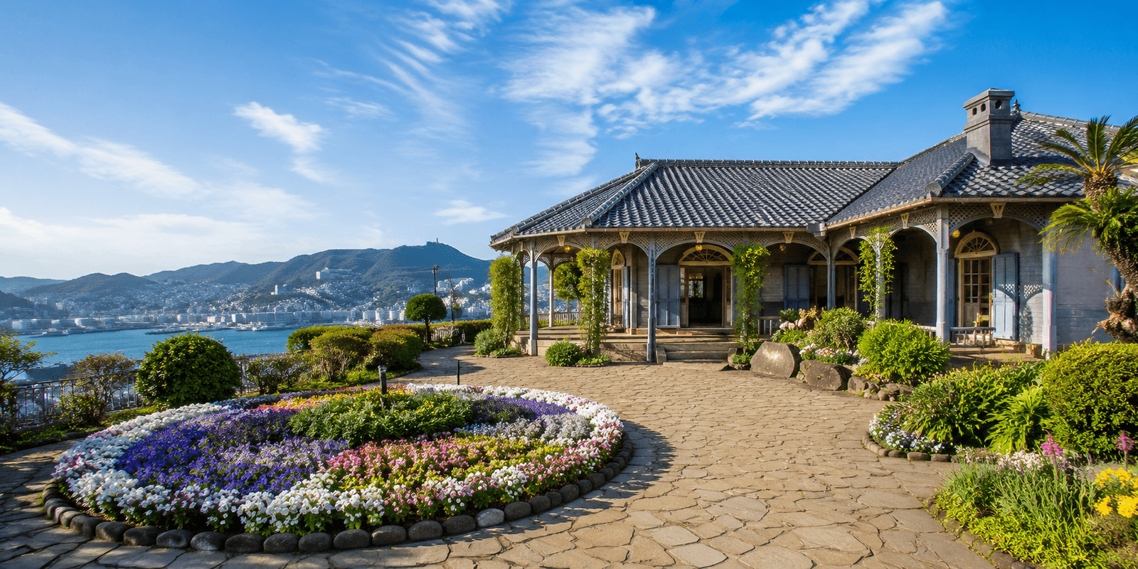 Western-style wooden residences and terraced gardens above Nagasaki harbor at Glover Garden in Minamiyamate