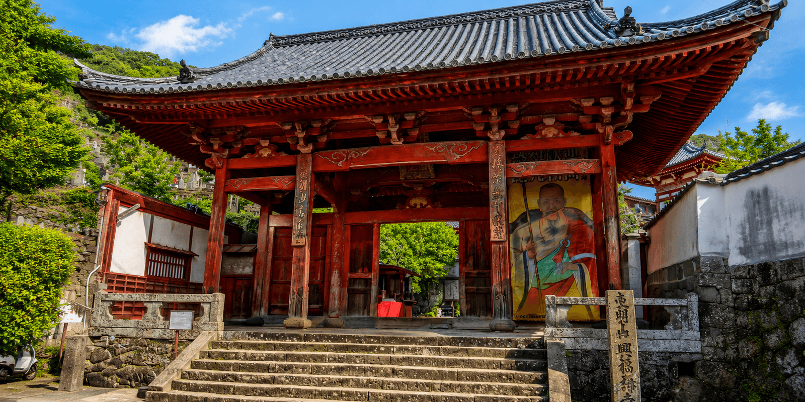 Ming-style Chinese roofline and red timber halls of Kofukuji Temple in Teramachi, Nagasaki