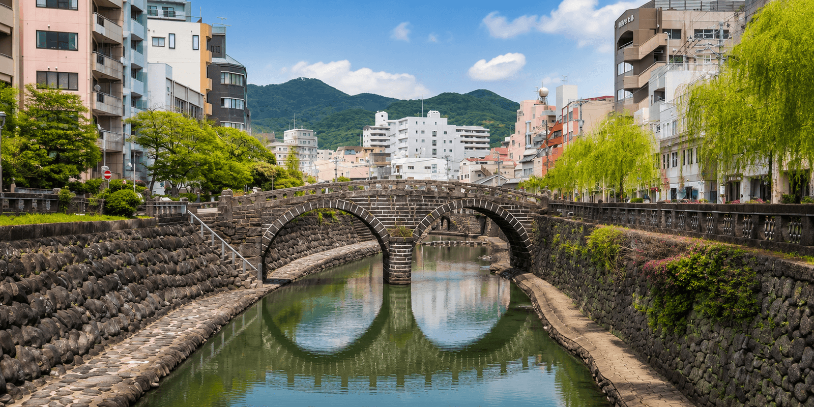 Double stone arches of Meganebashi Bridge reflected in the Nakashima River in central Nagasaki