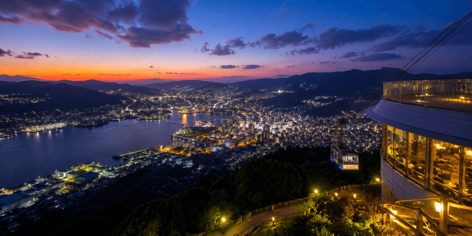 Night view of Nagasaki harbor and city lights seen from the summit observation deck of Mount Inasa, Nagasaki, Japan
