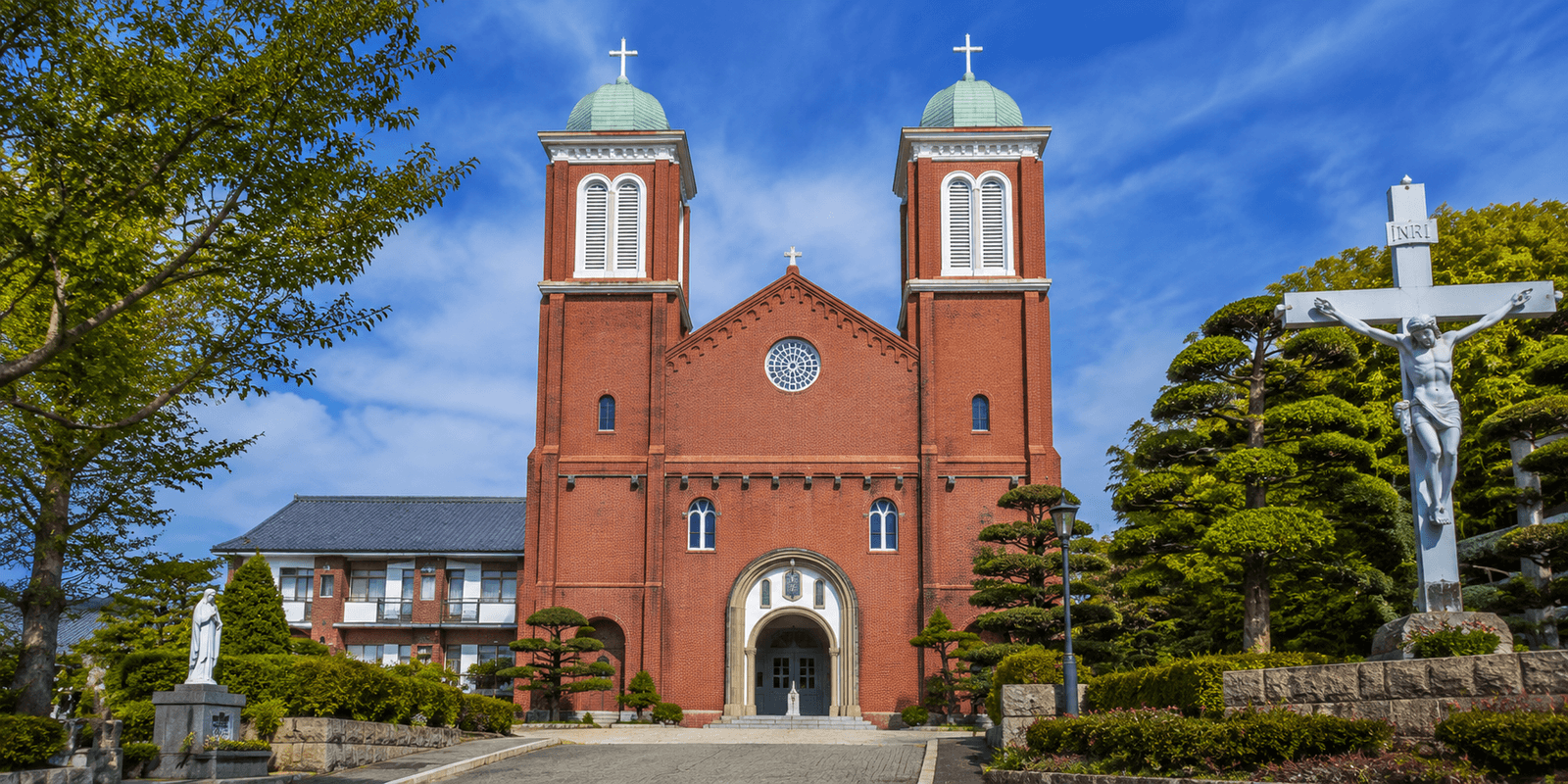 Brick-clad twin towers and facade of Urakami Cathedral in Motoo-machi, Nagasaki