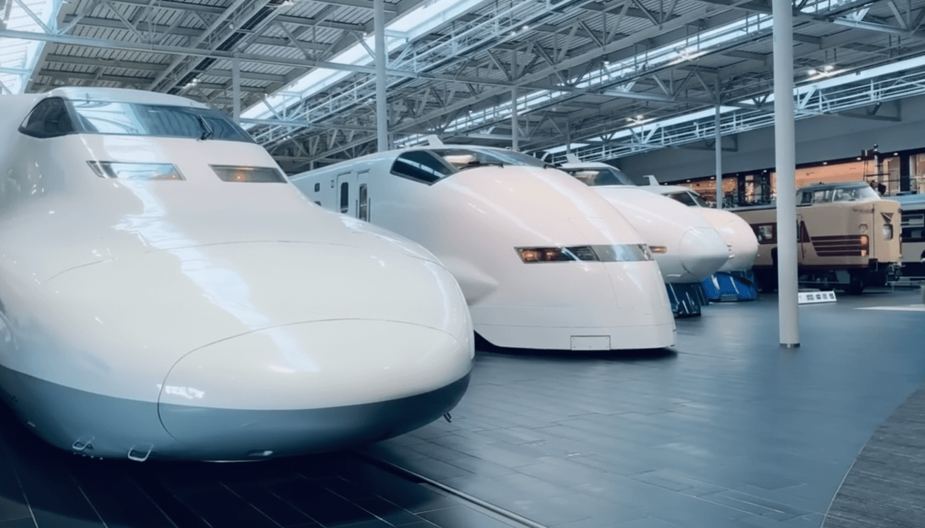 Retired Shinkansen and maglev train cars on display at the SCMAGLEV and Railway Park in Minato-ku, Nagoya