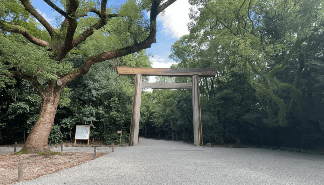 Torii gate and wooded approach path at Atsuta Jingu shrine in Atsuta-ku, Nagoya