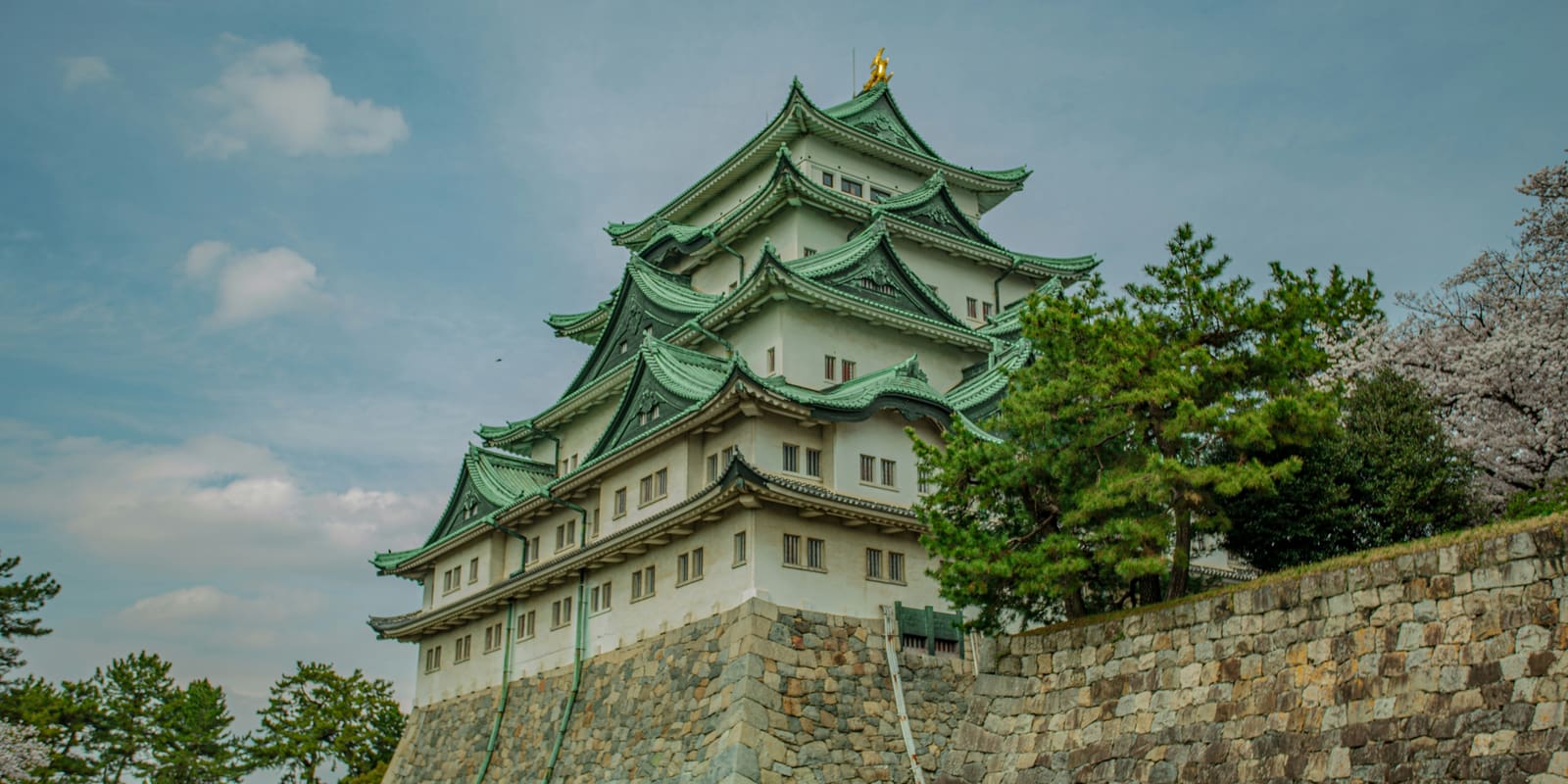 Nagoya Castle stone walls and moat with Hommaru Palace grounds in Naka-ku, Nagoya