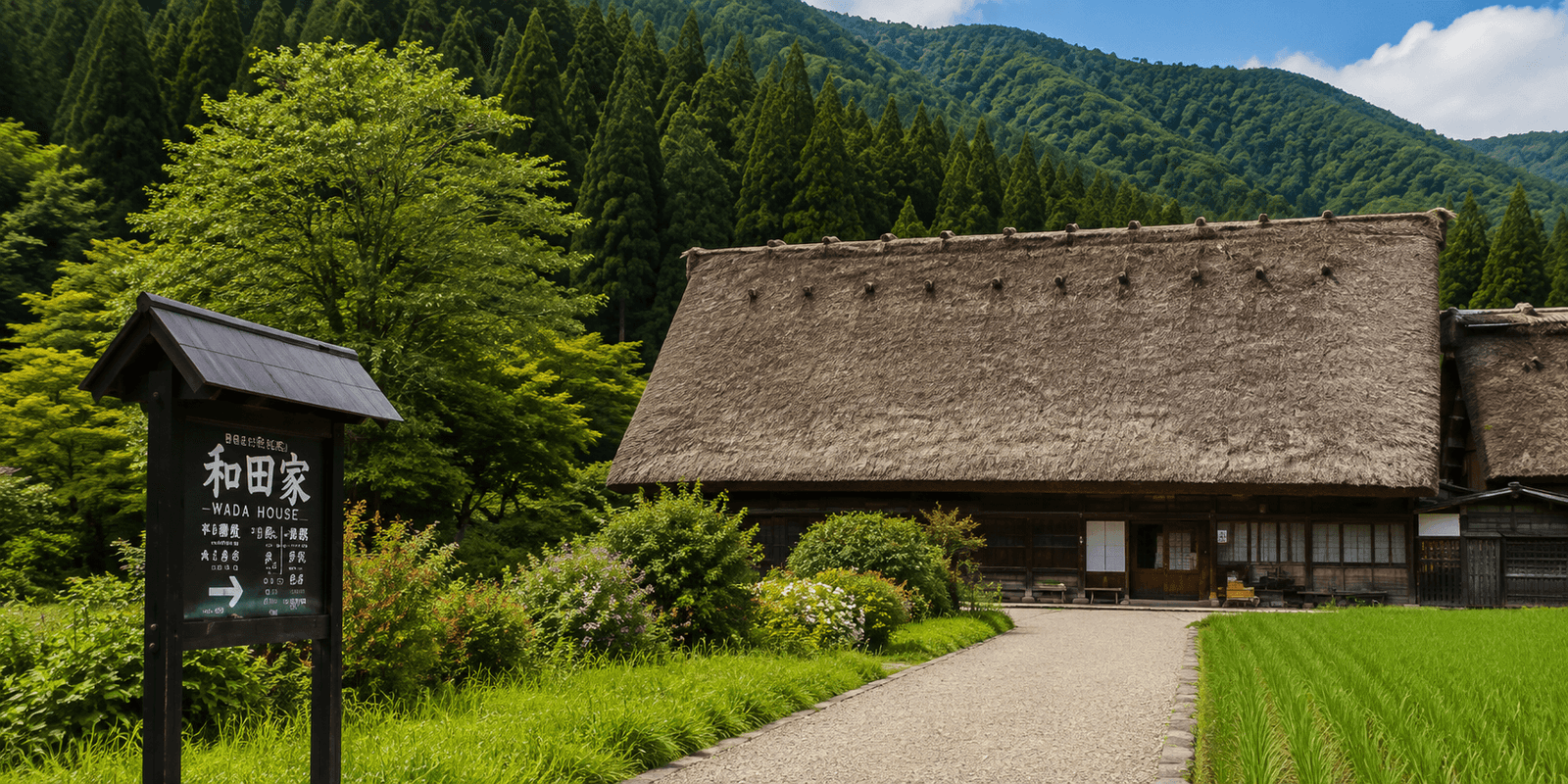 Exterior thatched gassho-zukuri roofline of Wada House in Ogimachi, Shirakawa-go, with the wooden Wada House entrance signboard visible at ground level