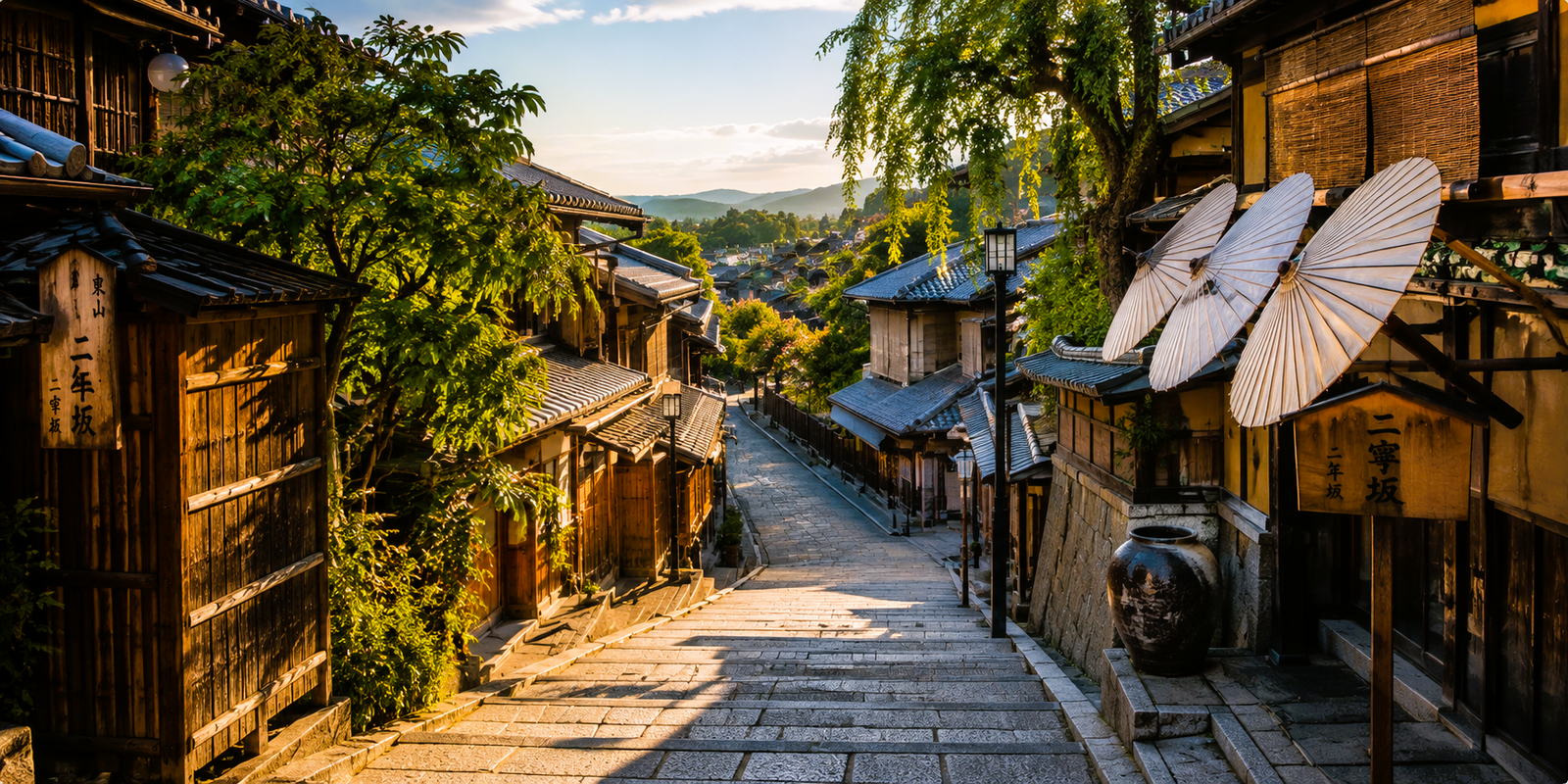 Stone path through the Higashiyama temple district hillside in Takayama with autumn foliage color