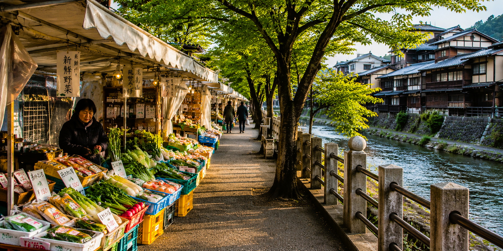 Vendor stalls along the Miyagawa River in morning light with Nakabashi Bridge in the background, Takayama