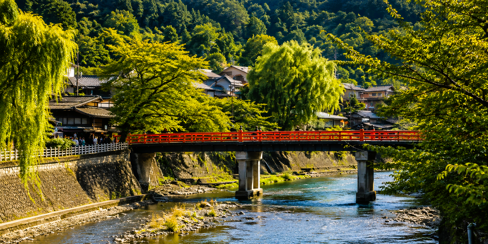 Nakabashi Bridge's red-lacquered railings spanning the Miyagawa River in Takayama, Gifu Prefecture