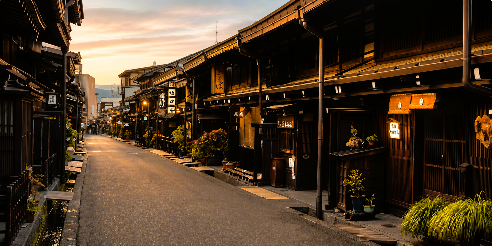 Dark-wood merchant houses with sugidama cedar balls lining a street in Takayama Old Town