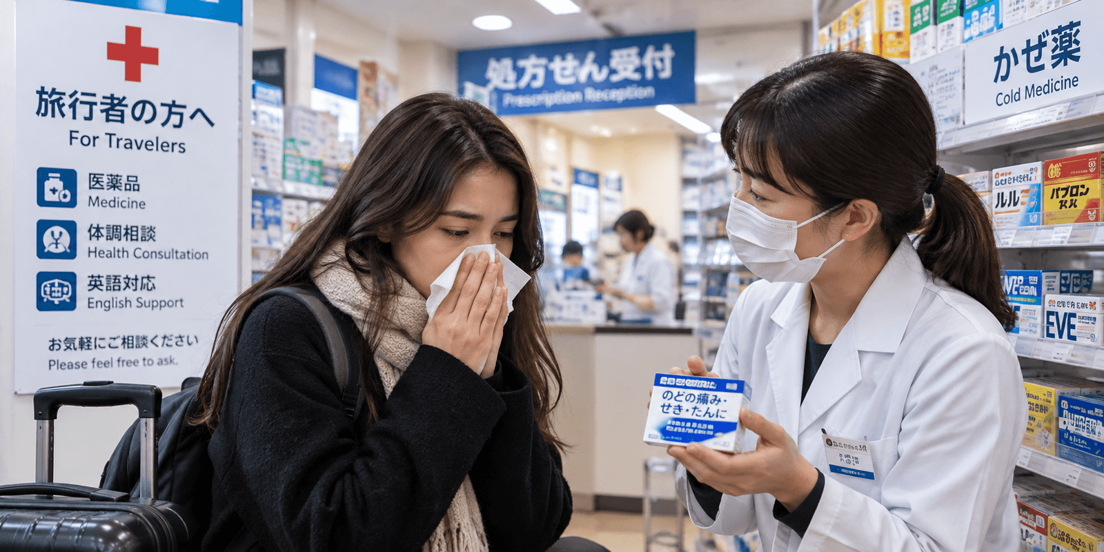 A pharmacist at a Japanese pharmacy counter helping a traveler with cold symptoms, with English-language signage for travelers, health consultation, and medicine