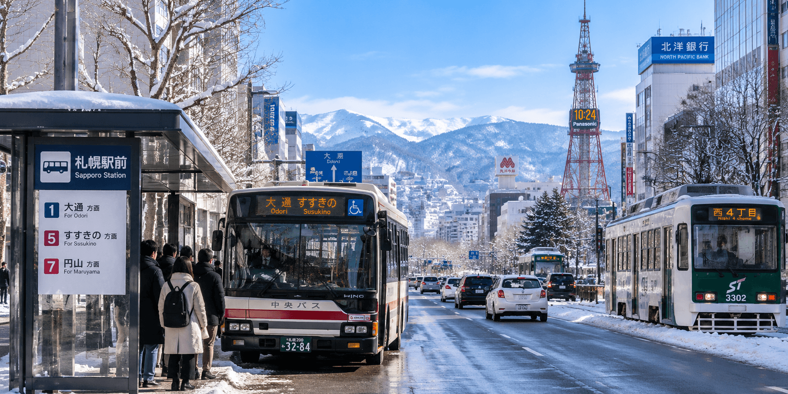A snowy street at a Sapporo Station bus stop with a Hokkaido Chuo Bus and the Sapporo Streetcar, the Sapporo TV Tower visible in the background