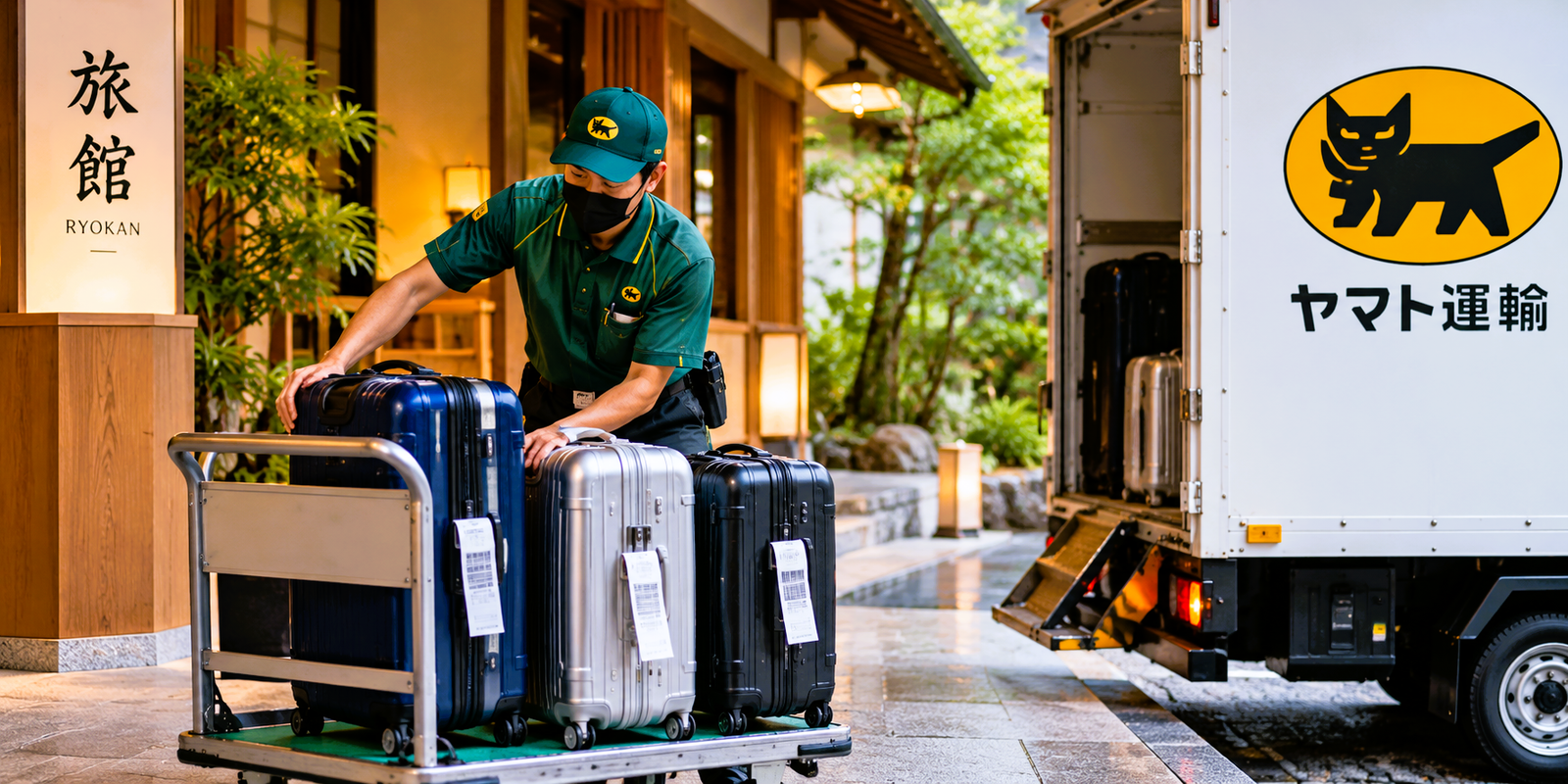 A courier in a green uniform loads three suitcases, each tagged with a delivery slip, onto a trolley outside a ryokan entrance, beside a delivery truck with its rear door open