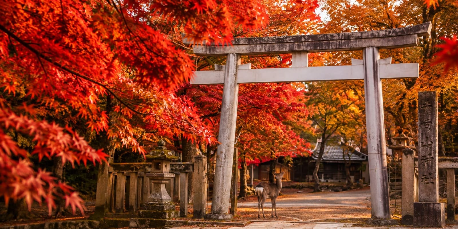 Red-roofed pagoda framed by fiery red and orange autumn foliage with Mount Fuji in the background
