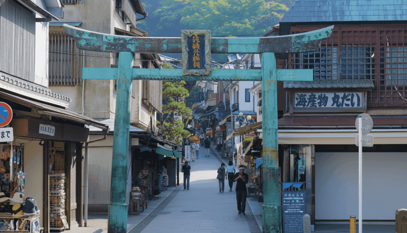 Enoshima's Nakamise shopping street lined with seafood restaurants, leading toward the shrine torii gate