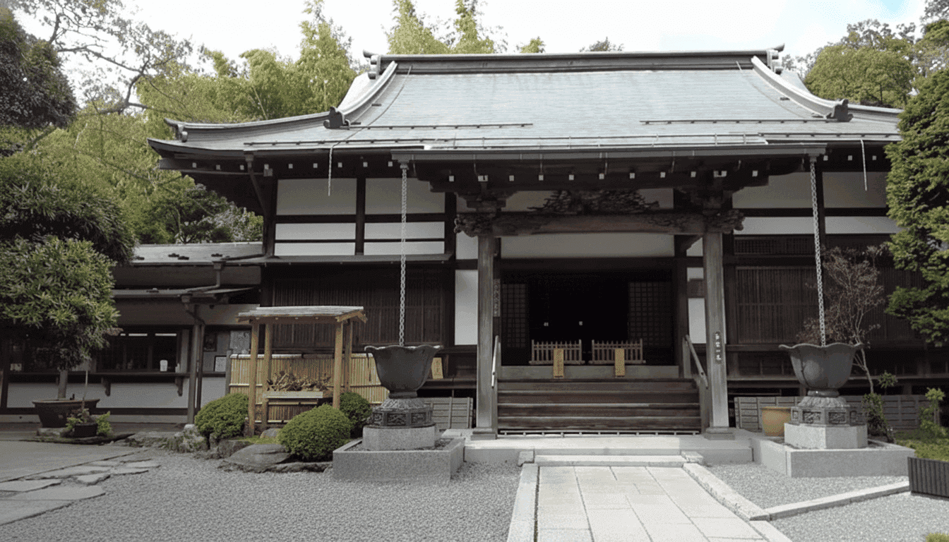 Main hall of Hokokuji Temple with its traditional gabled roof and gravel forecourt in Kamakura