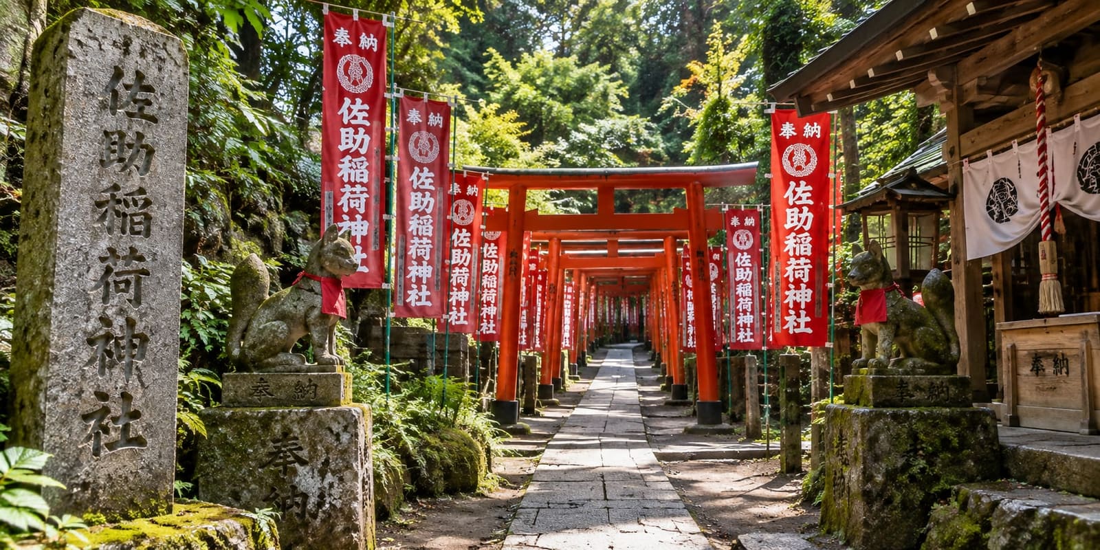 Row of vermilion torii gates lining the stone stairway at Sasuke Inari Shrine in Kamakura