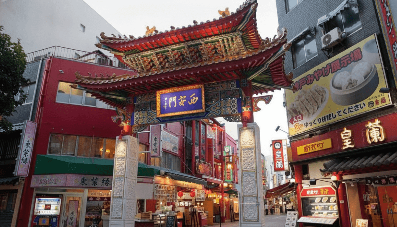 Red paifang gate and street food stalls in Kobe Chinatown Nankinmachi Japan