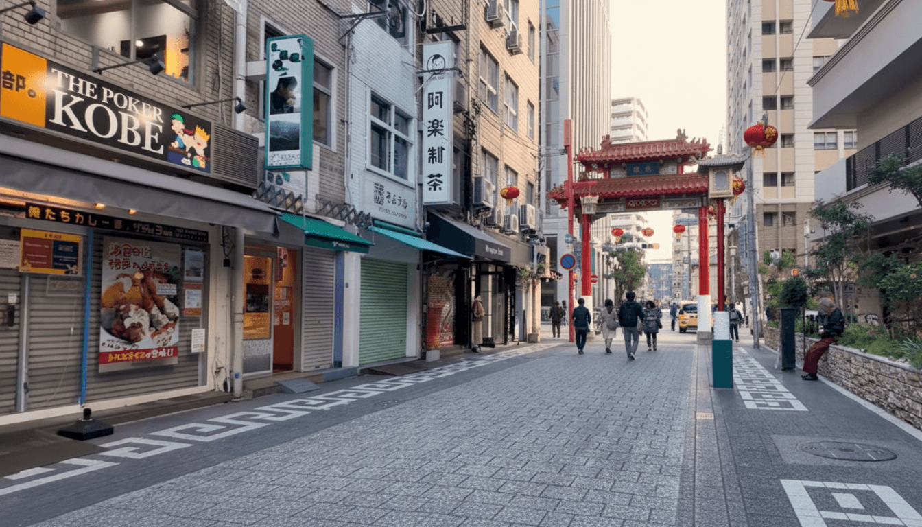 Approaching Nankinmachi's red paifang gate along a Kobe side street lined with shops and restaurants