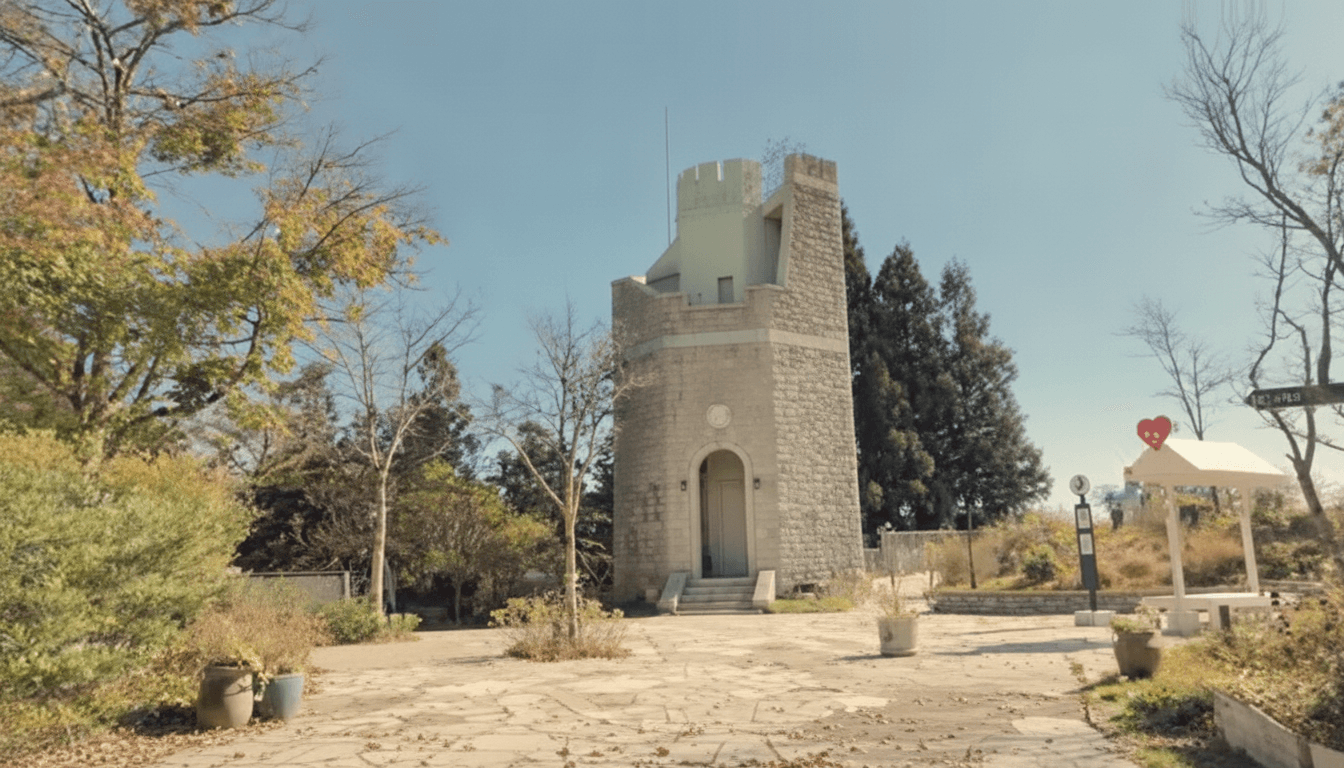 A stone observation tower near the Mount Rokko summit surrounded by autumn foliage