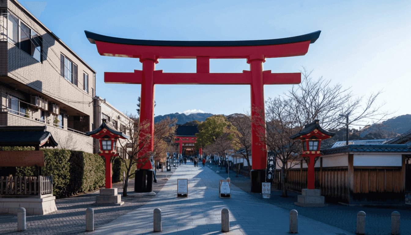 A large vermilion torii over the approach road to Fushimi Inari Taisha, with the shrine gate in the distance