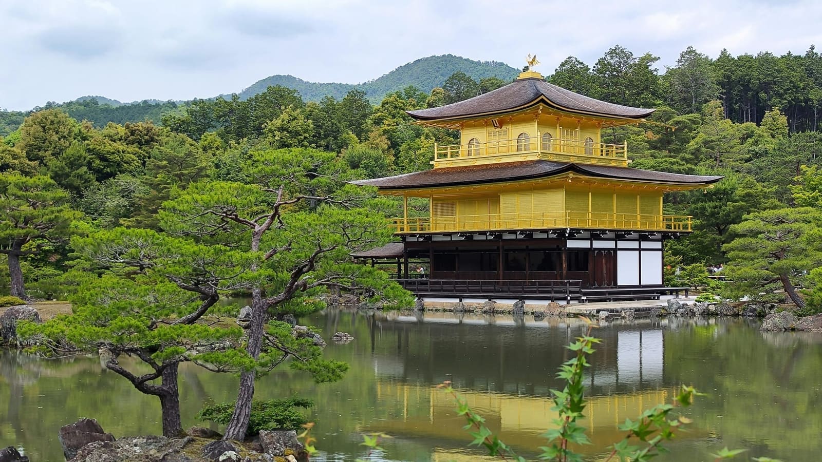 Kinkaku-ji Golden Pavilion reflected perfectly in Kyokochi Pond surrounded by pine trees and blue sky, Kyoto