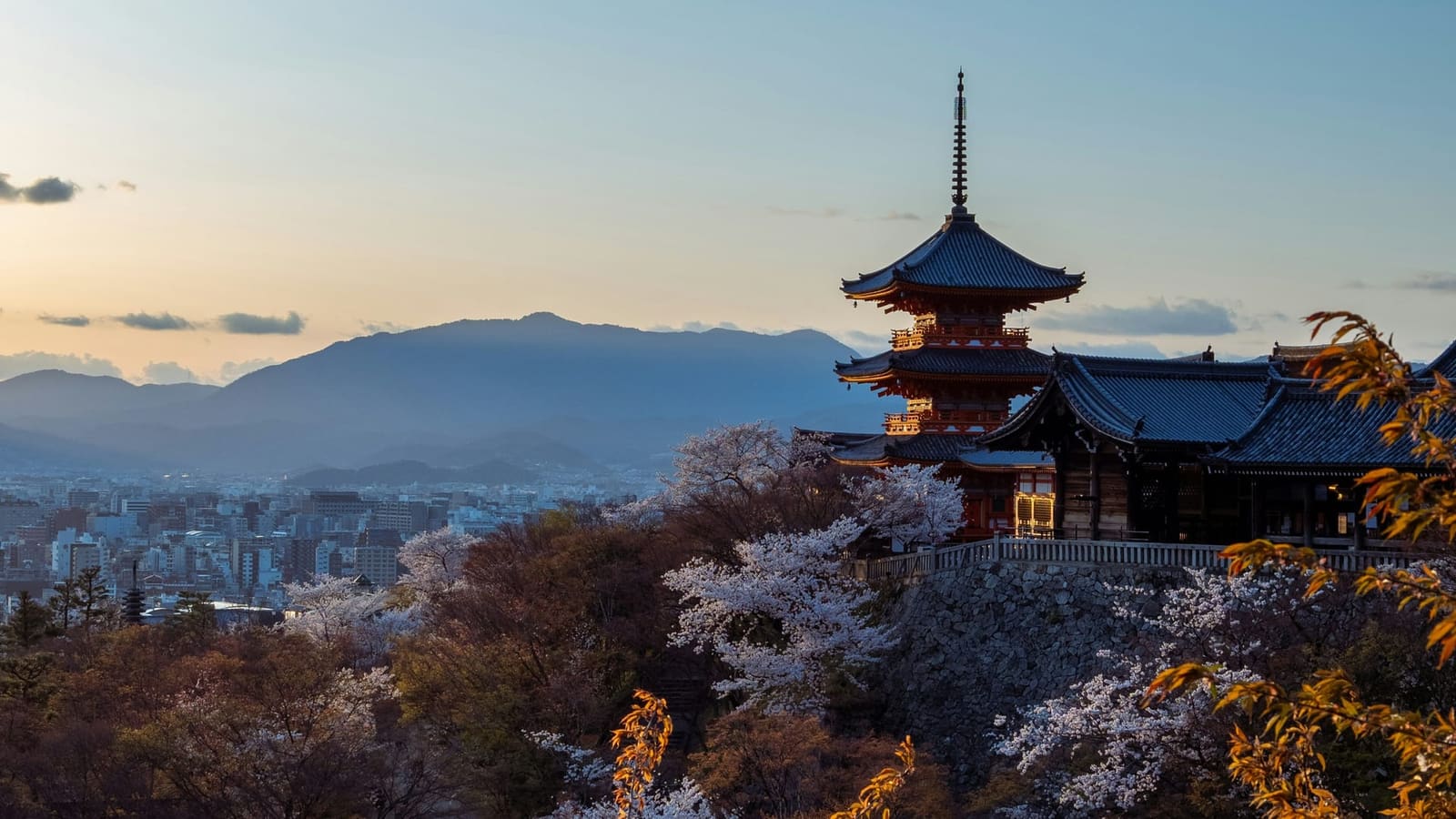 Kiyomizu-dera's three-story pagoda and halls at dusk in cherry blossom season, with Kyoto and the mountains behind