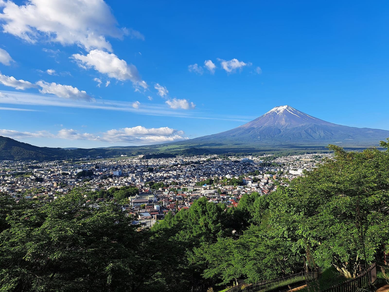 Mount Fuji with a little snow on the summit above the town of Fujiyoshida, seen over green trees from the hillside of the park