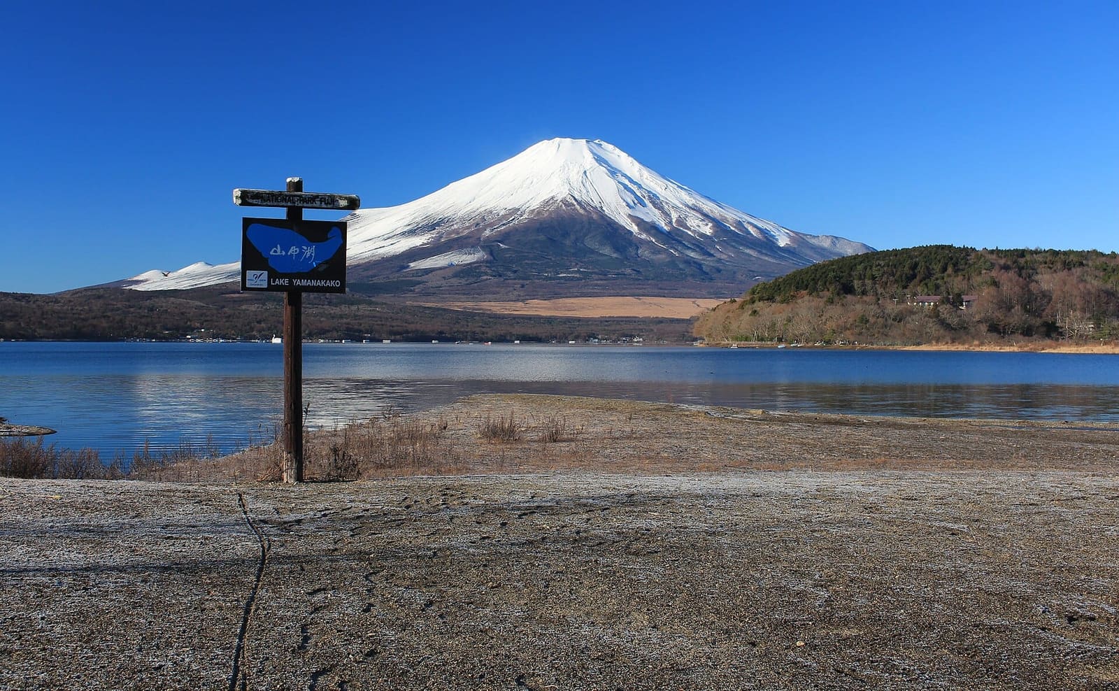 Snow-capped Mount Fuji above Lake Yamanakako on a clear winter morning, with a Lake Yamanakako sign post on the frosty shore