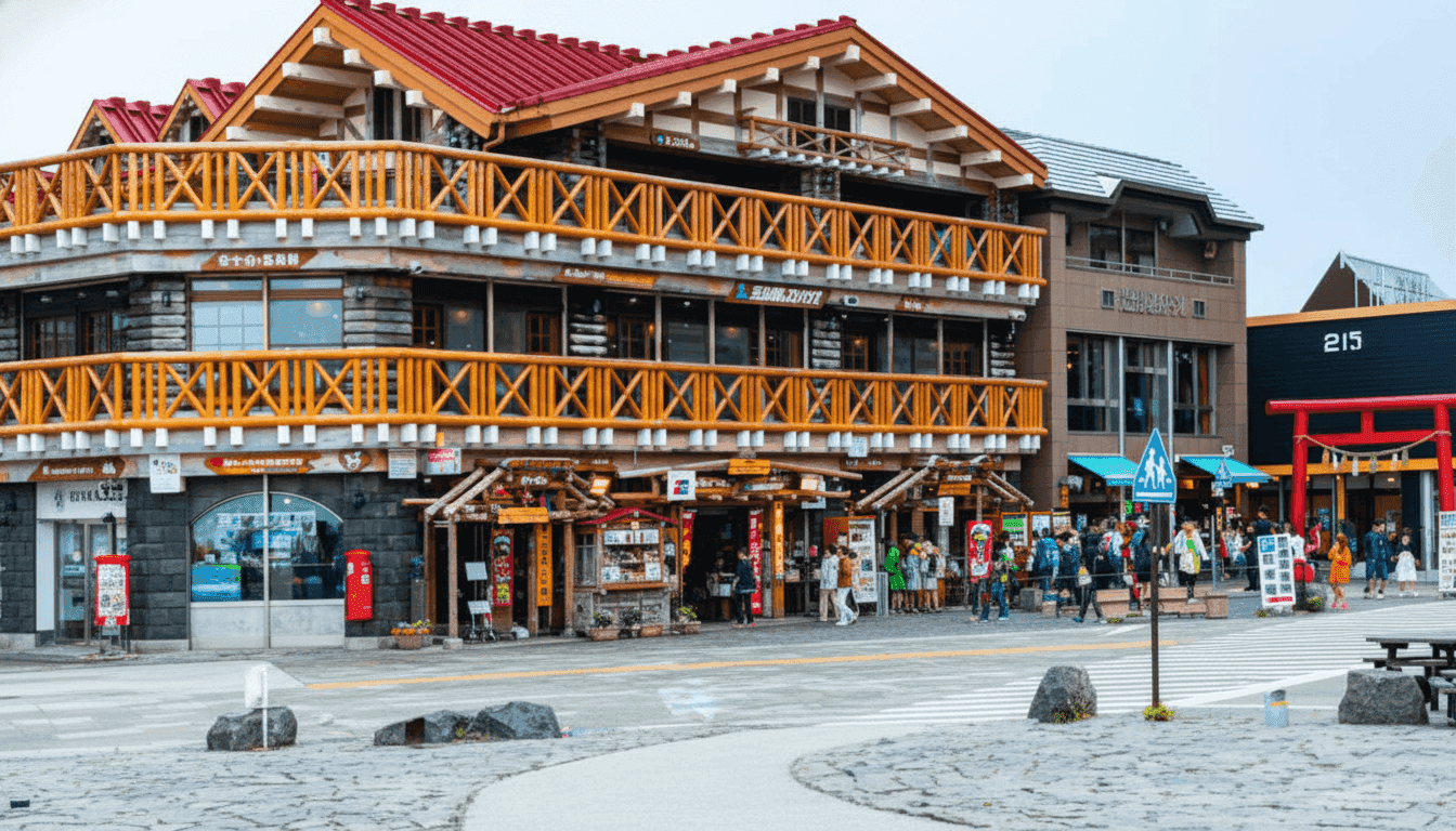Chalet-style shop and restaurant buildings with visitors at the Fuji Subaru Line 5th Station