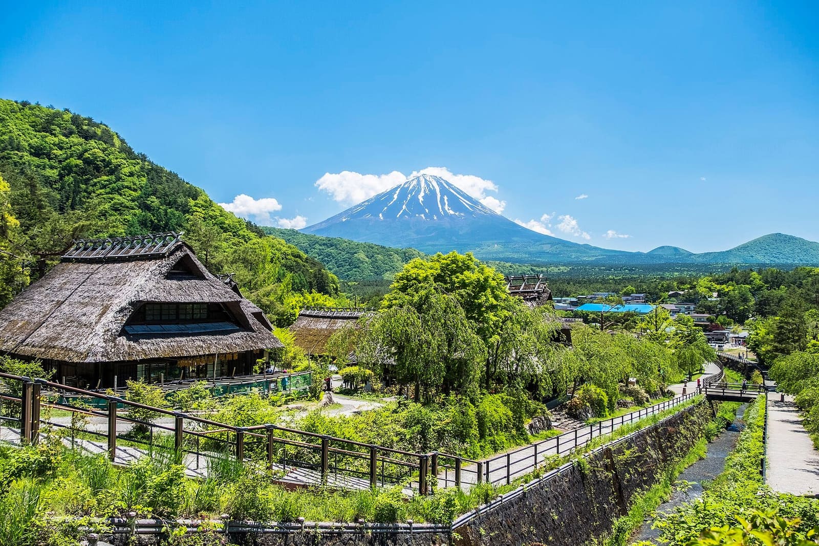 Thatched-roof houses and a stone-lined stream path at Saiko Iyashi-no-Sato Nenba, with snow-capped Mount Fuji under a blue sky