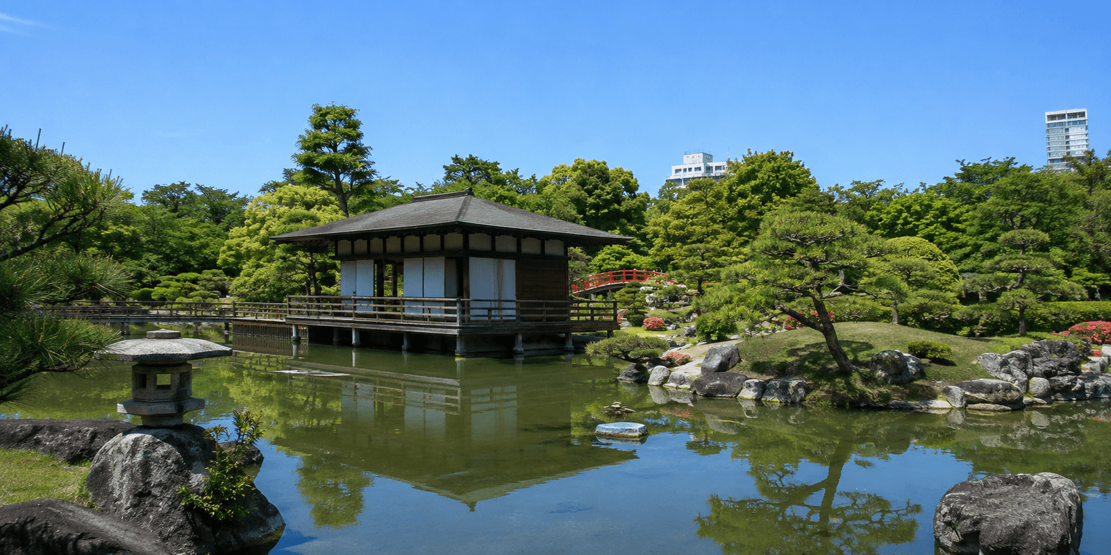 Pond and stream landscape at Shirotori Garden in Atsuta Ward, Nagoya