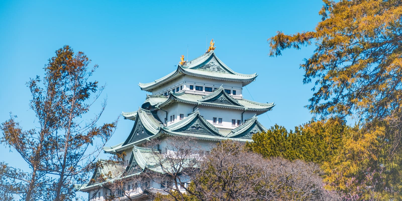 Gilded shachihoko roof ornament and stone walls at Nagoya Castle