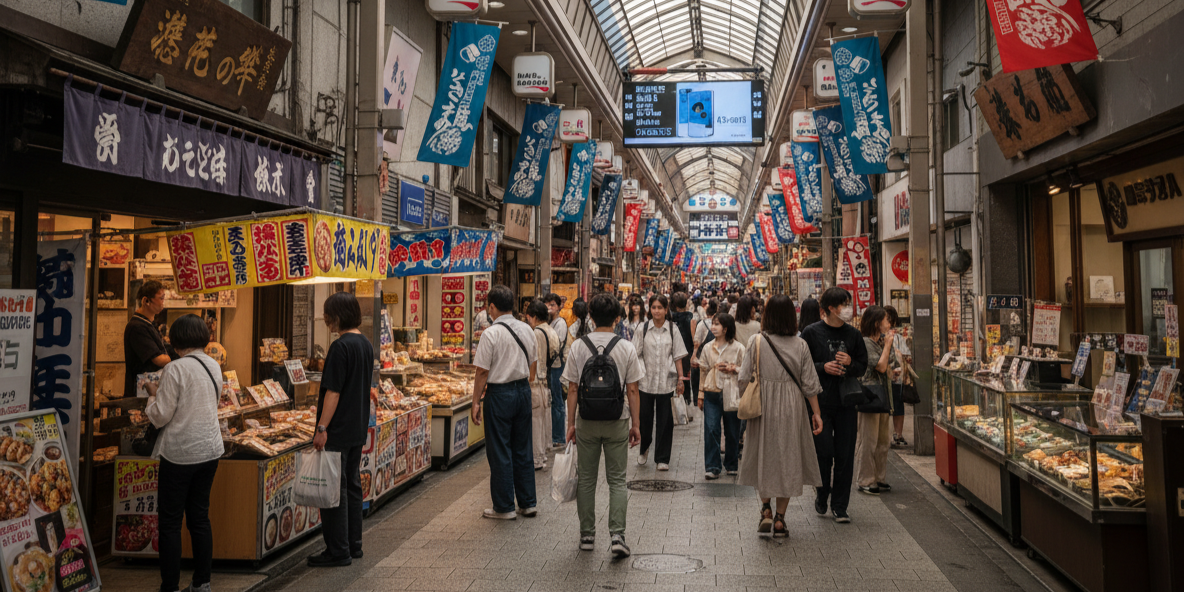Covered arcade street in the Osu shopping district in Nagoya with pedestrians and shopfronts