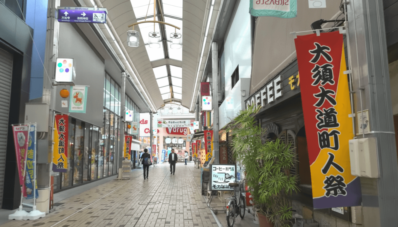 Nio-mon gate approach to Osu Kannon Temple lined with shops in Nagoya