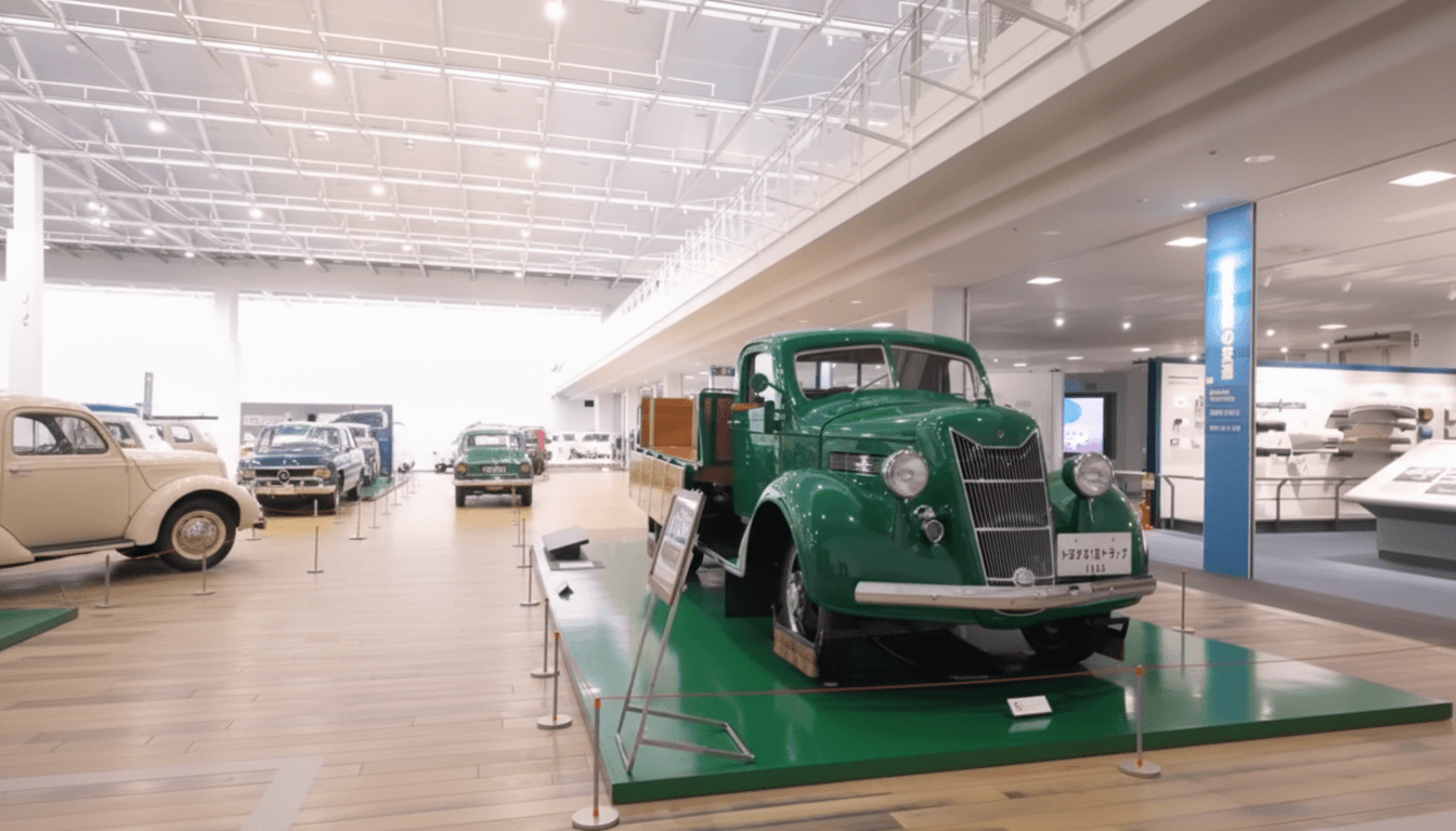 Historic automatic loom on display in the Textile Machinery Hall at the Toyota Commemorative Museum