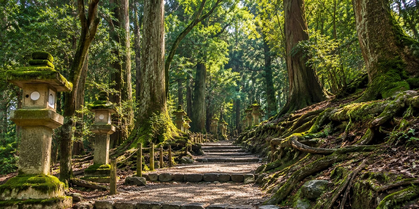 Moss-covered stone lanterns lining ancient cedar forest path in Mt. Kasuga Primeval Forest Nara Japan