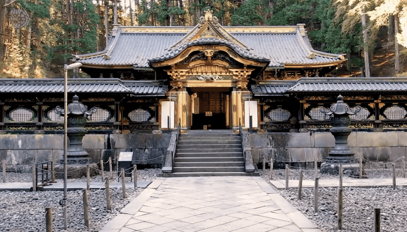 Cedar forest pathway leading through the grounds of Rinno-ji Temple