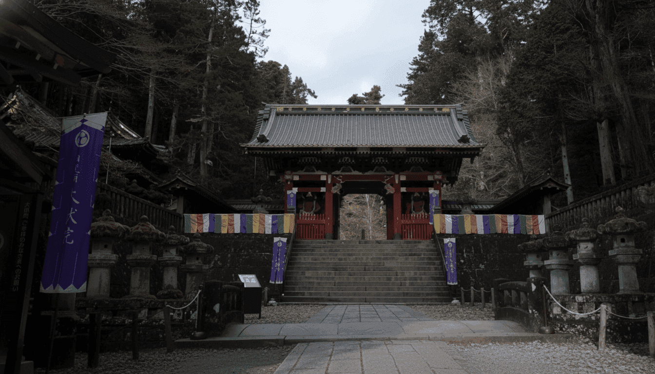 Traditional temple buildings at Rinno-ji surrounded by autumn foliage