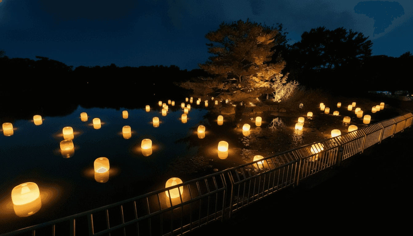 teamLab Botanical Garden Osaka glowing lantern spheres floating across a still pond surrounded by illuminated trees at night, Japan