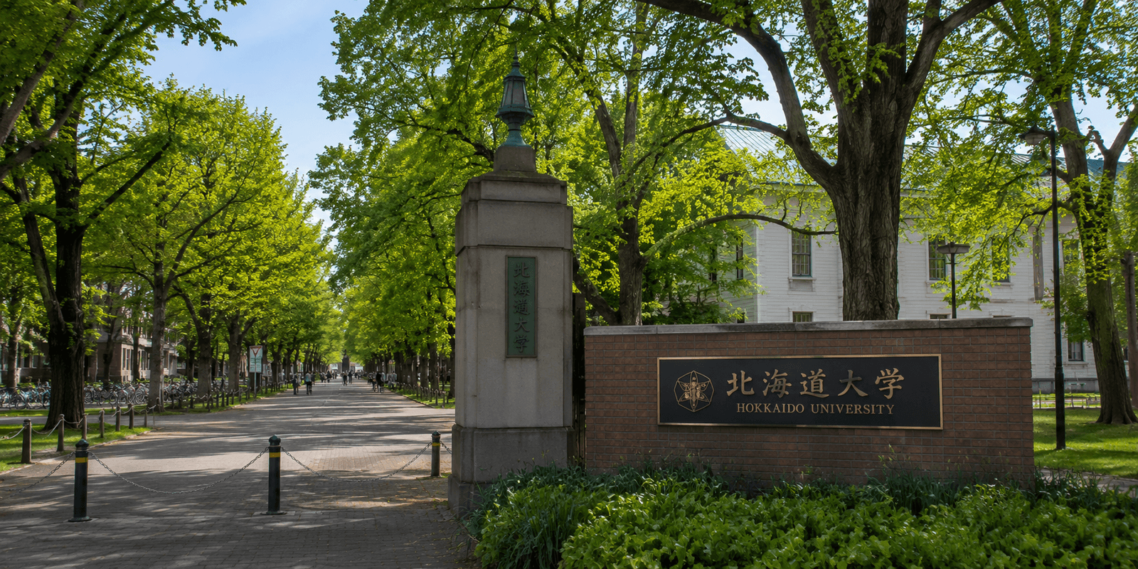 Main Gate stone pillar and brick sign for Hokkaido University with a tree-lined avenue in Sapporo Japan