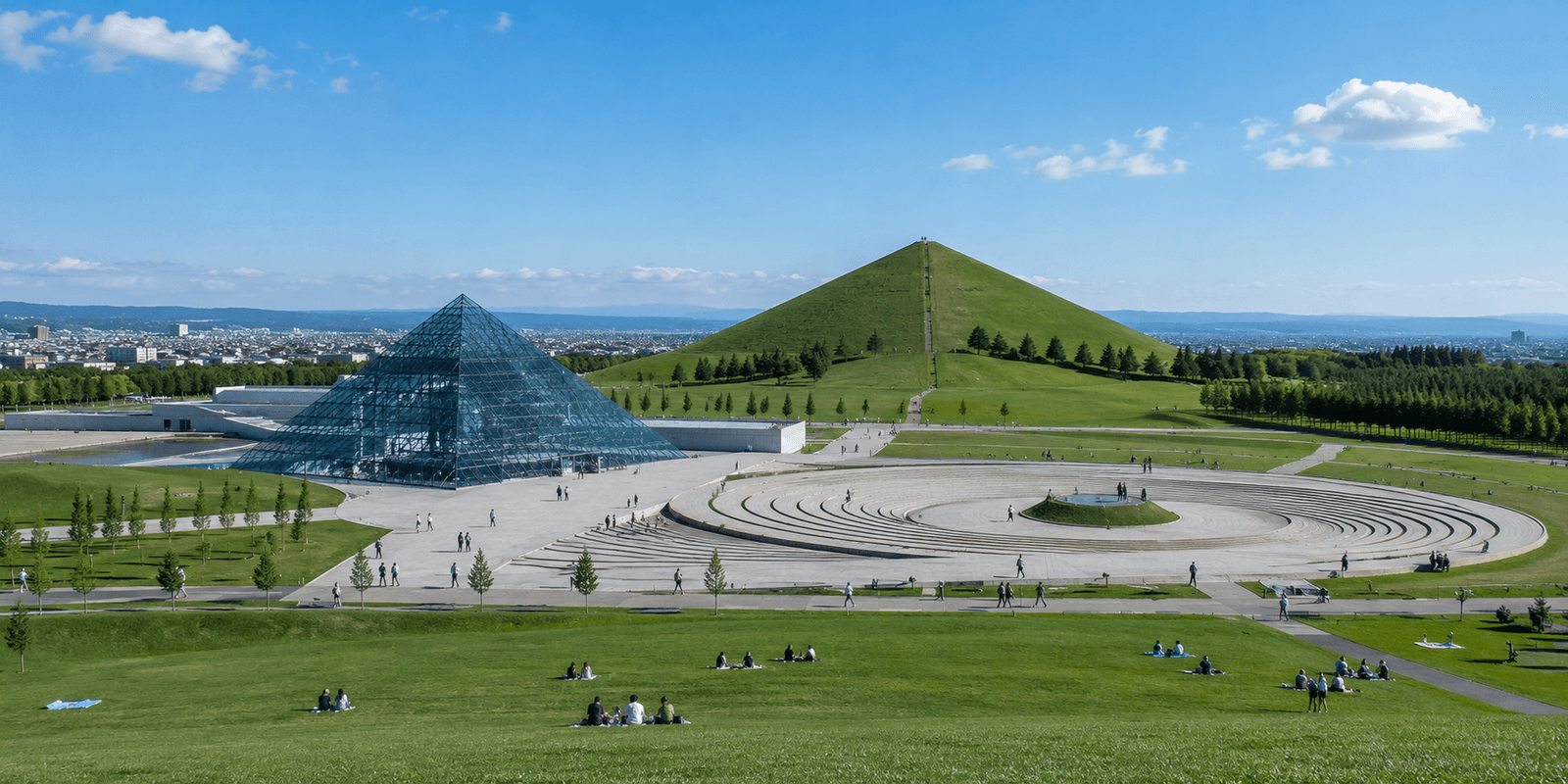 Glass Pyramid and open lawns at Moerenuma Park, Isamu Noguchi's land art park in Sapporo Japan