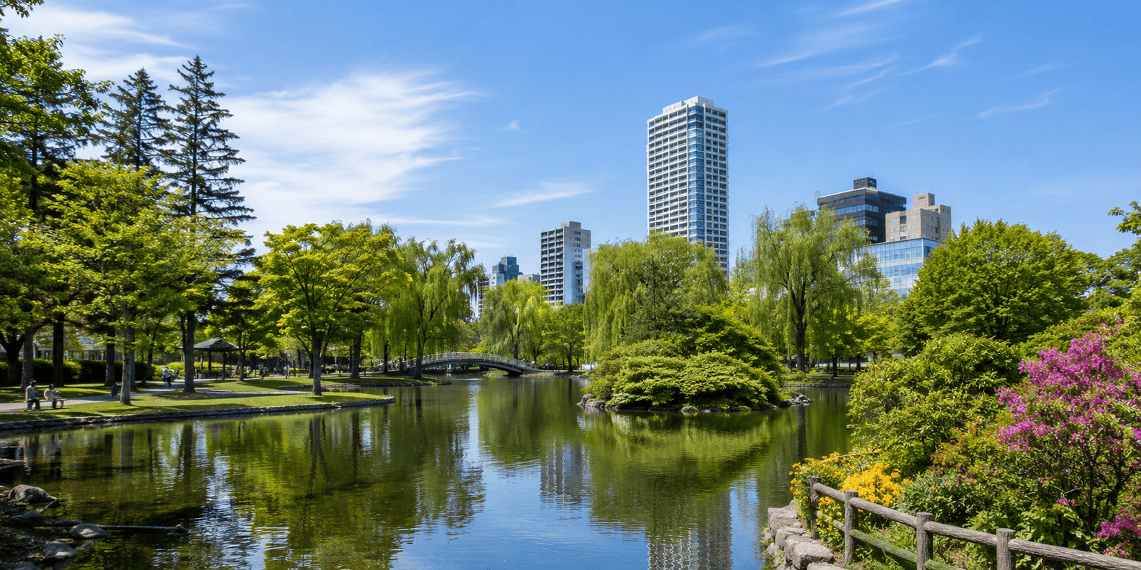 Shobu Pond with reflected trees and downtown Sapporo skyline at Nakajima Park Japan