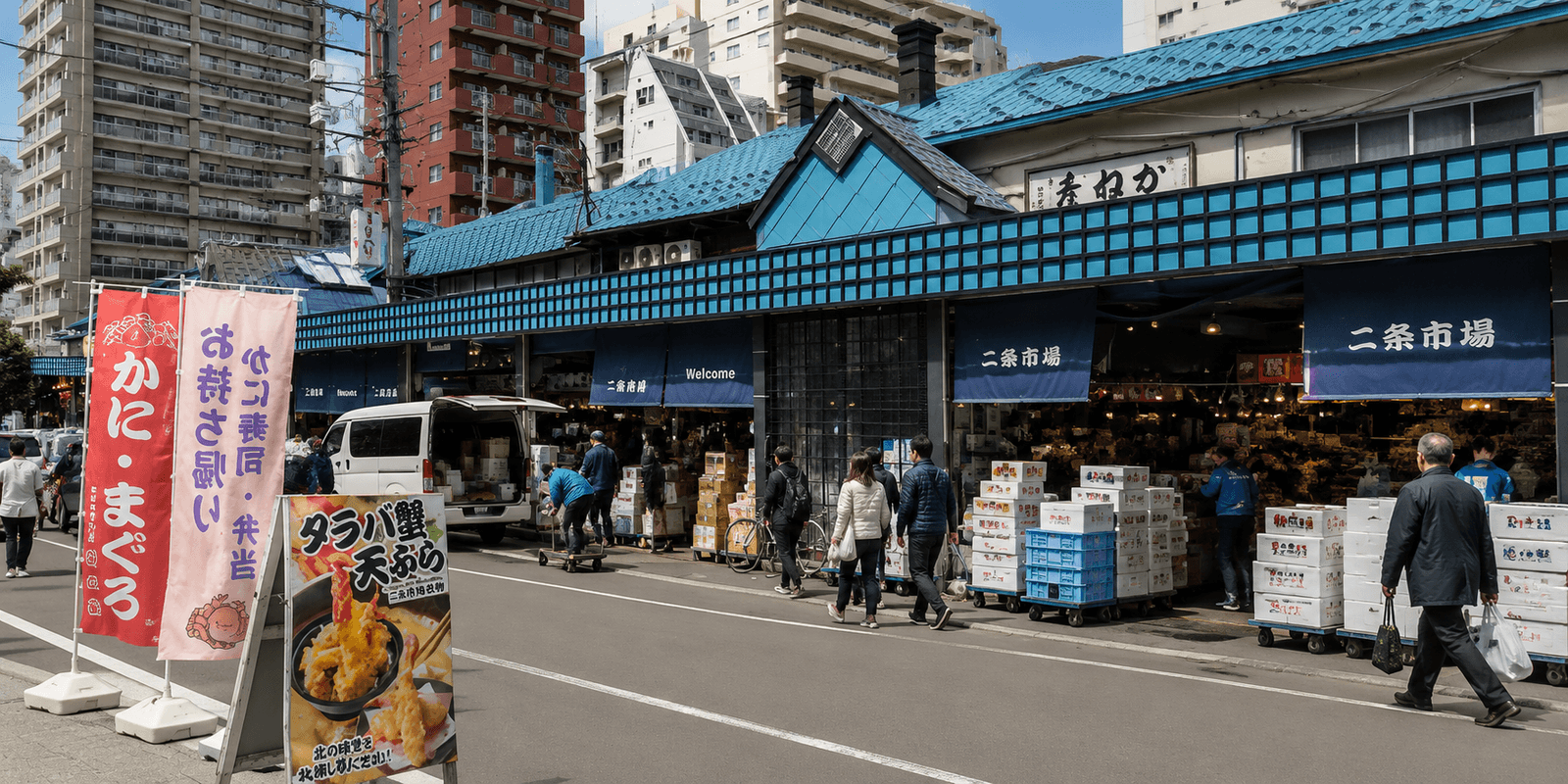 Fresh crab, salmon roe, and seafood on display at Nijo Market stalls in central Sapporo