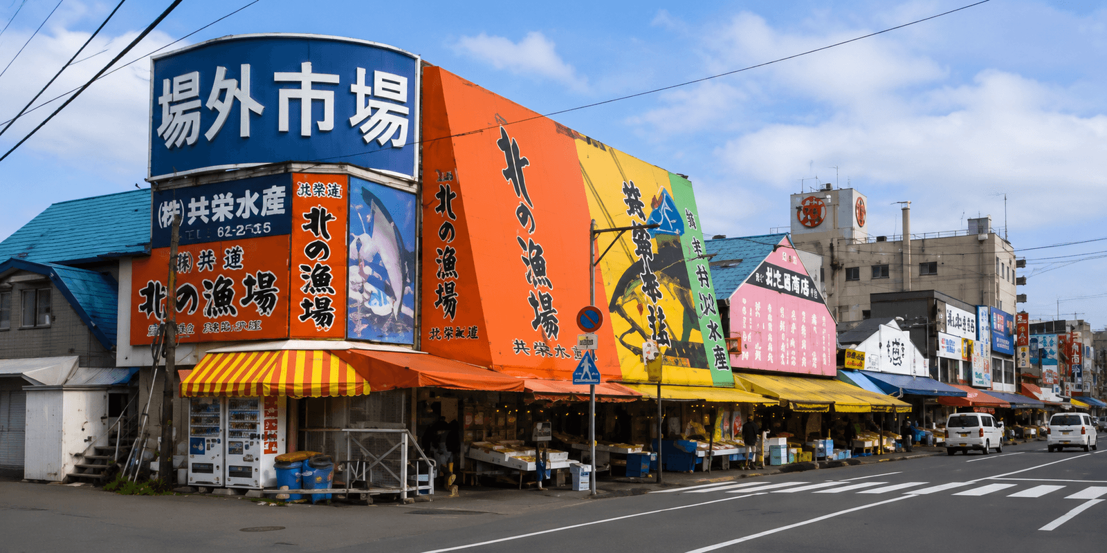 Fresh crab, seafood, and produce stalls at the Sapporo Central Wholesale Market Curb Market
