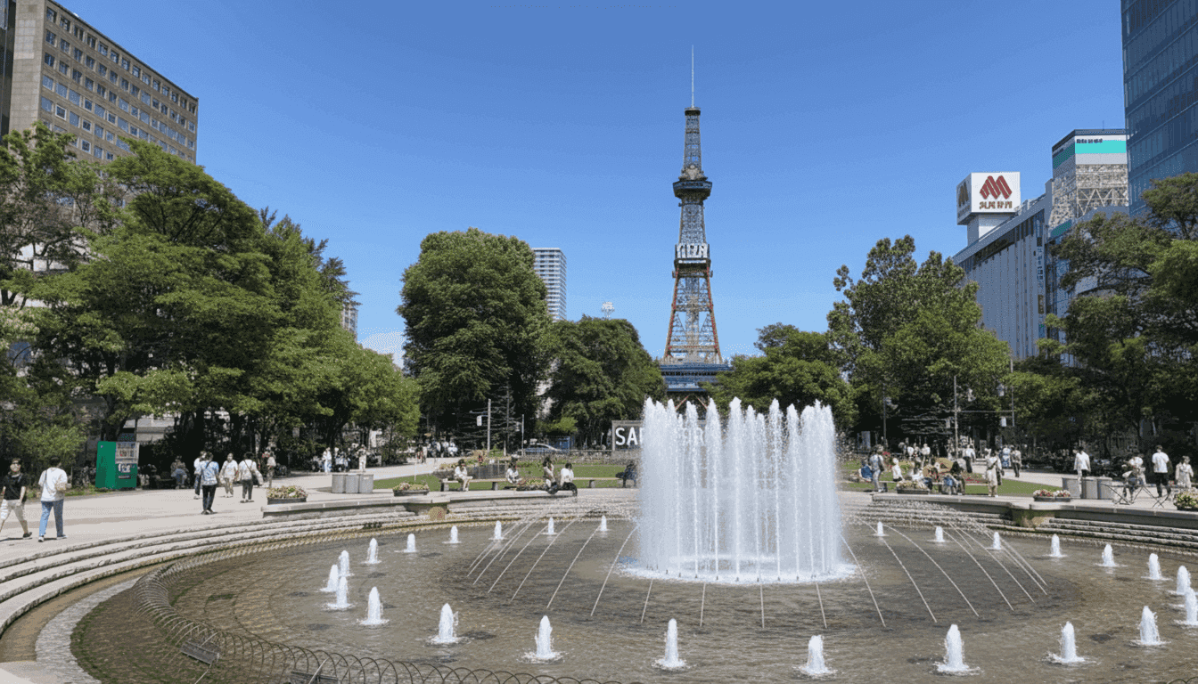 Sapporo TV Tower red observation tower over Odori Park Japan